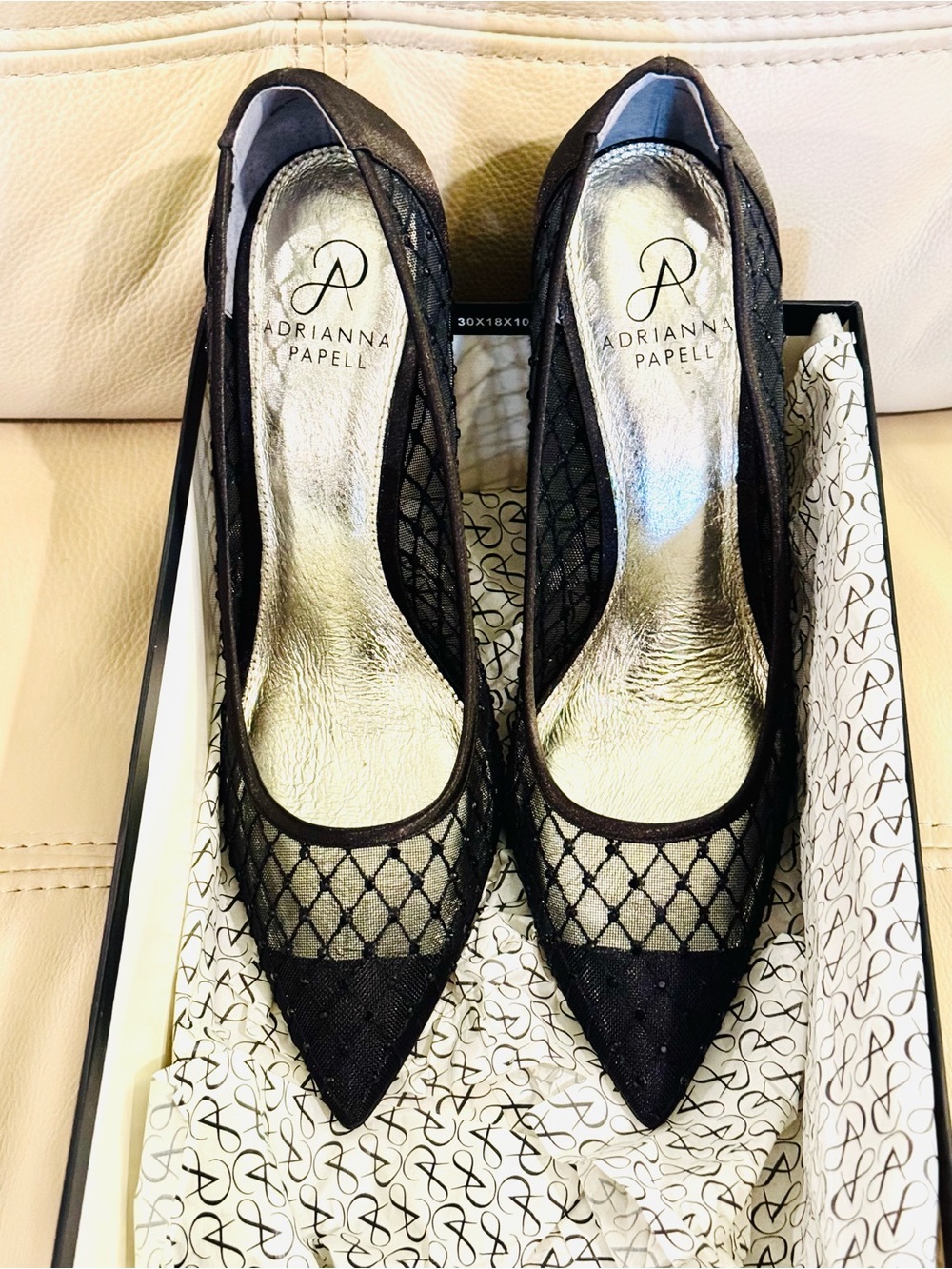 Adrianna Papell Black Mesh Pointed Pumps with Metallic Insole